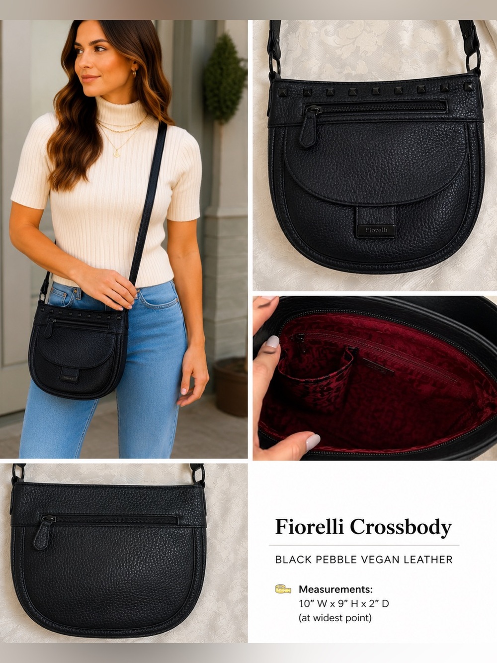 Fiorelli Black Pebble Crossbody Bag Studded Vegan Leather Purse